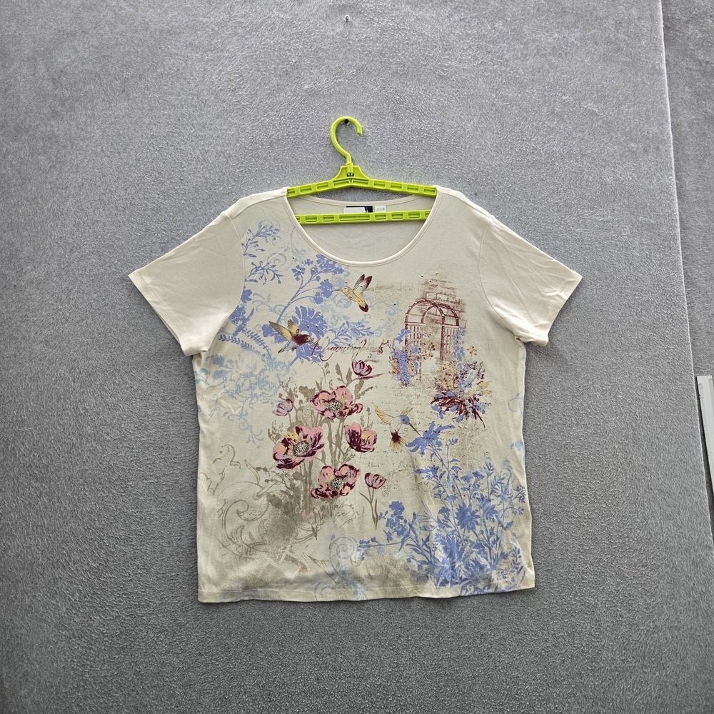 Basic Editions Women Shirt 1X Cream Floral Beaded Scoop Neck Pullover Artsy